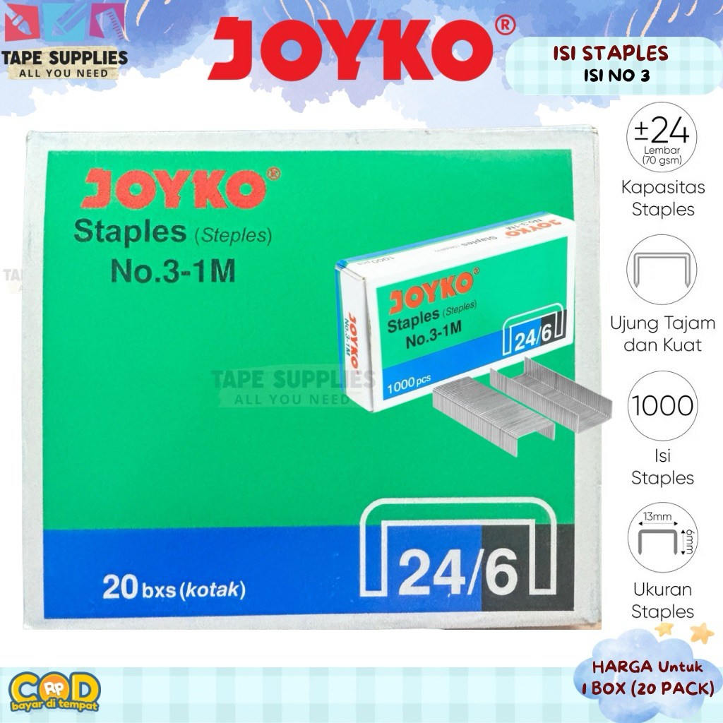 

(20 PACK) Joyko Isi Staples No.3-1M (Untuk Stapler BESAR) / Isi Steples 24/6 Tajam Kuat 1000 Pcs