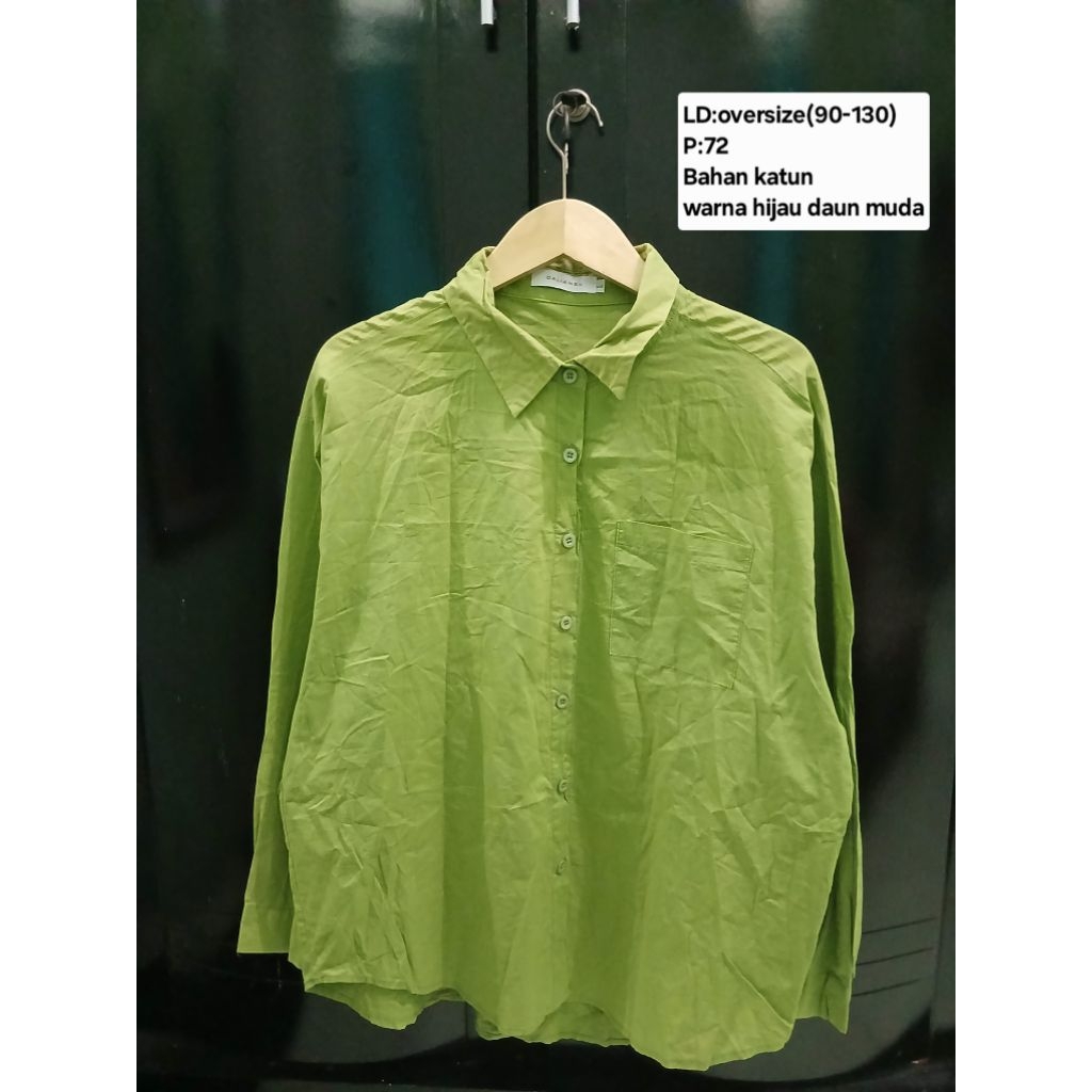 (COD)Atasan kemeja lengan panjang wanita oversize/big size warna hijau muda/hijau daun