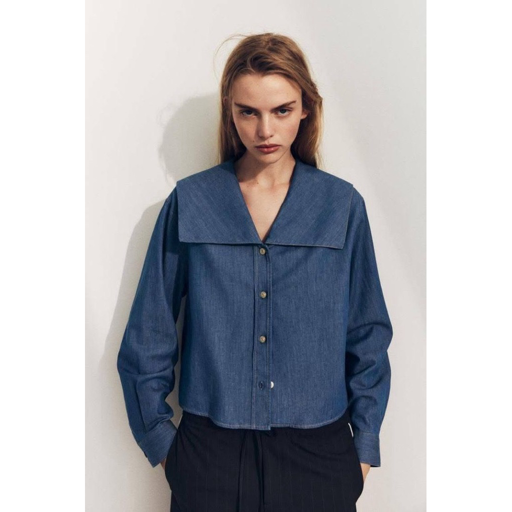 ZARA DENIM SAILOR COLLAR BLOUSE