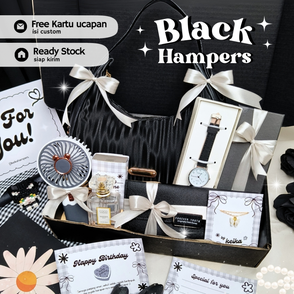 Hampers Gift Box Tas Hitam | Kado Cewek Hadiah Pacar Black Tas Dompet Kalung | Kado Ulang tahun Ulta