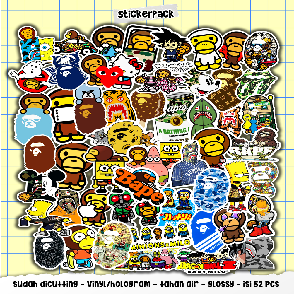 

stiker aesthetic isi 52pcs, bape series vinyl & hologram tahan air