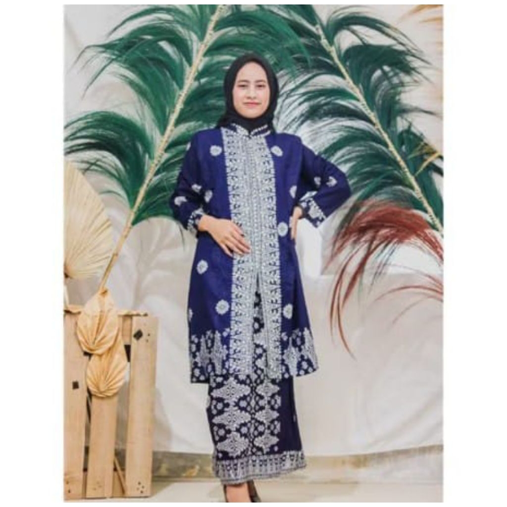 Setelan Baju Batik Songket Palembang Wanita Motif Asanti Biru Silver