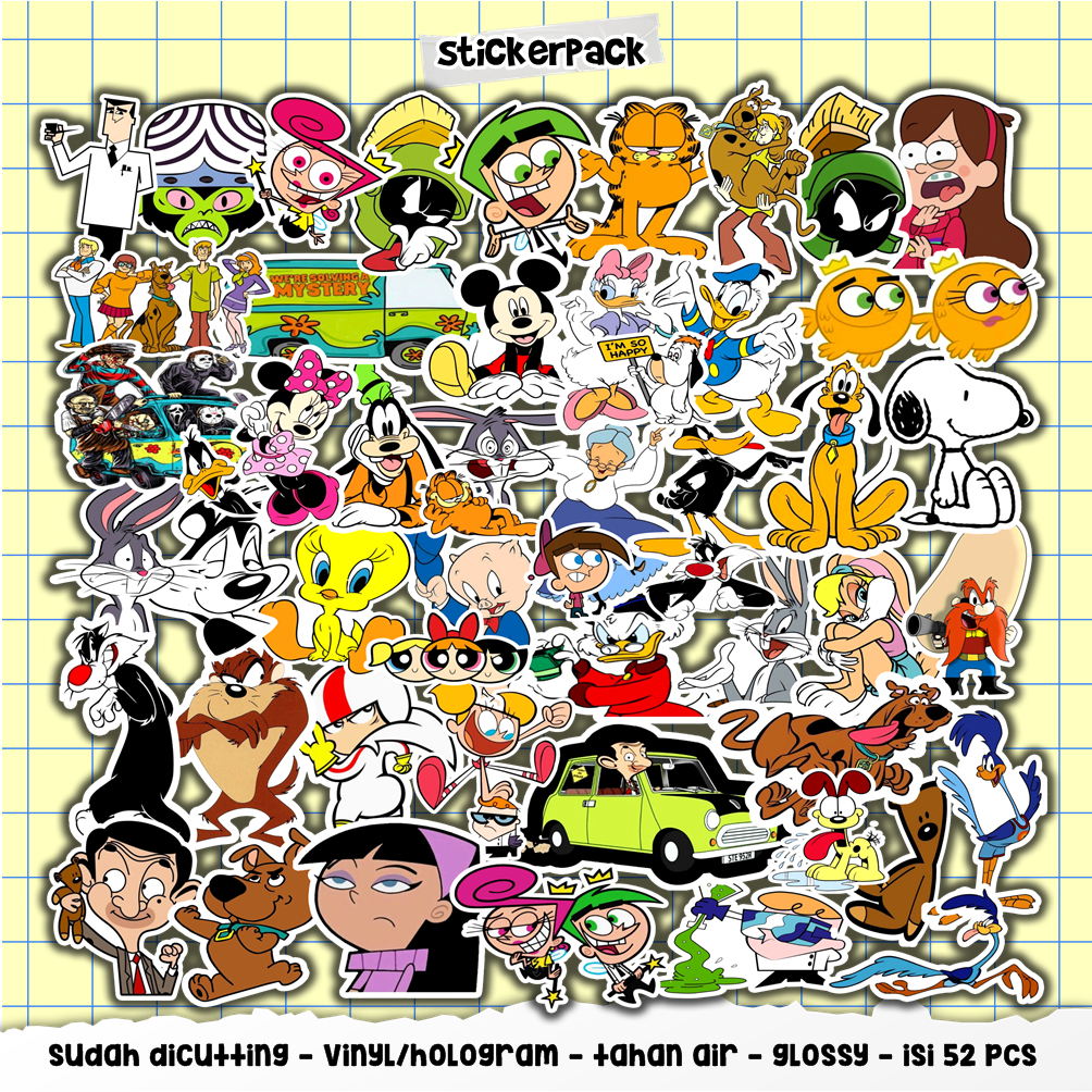 

stickerpack cartoon/kartun series isi 52pcs, vinyl & hologram tahan air