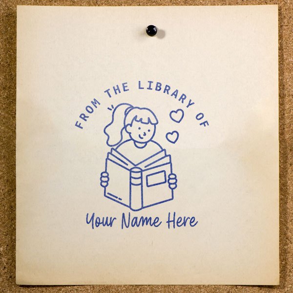 

Stempel Ex Libris Custom Nama SE-72 | Desain Gadis Membaca dengan Hati | Stamp Perpustakaan