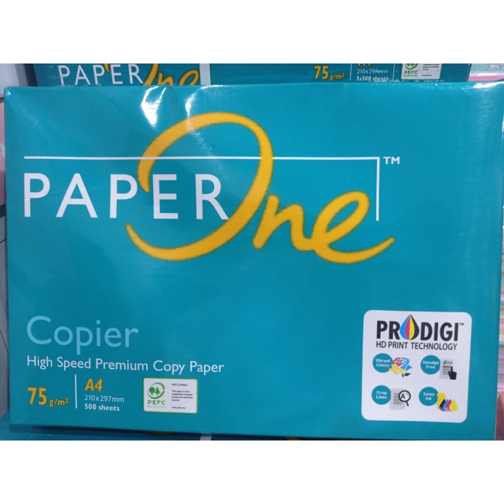 

kertas HVS merek paper one 75gsm ukuran A4 dan F4 1pcak isi 500lbr