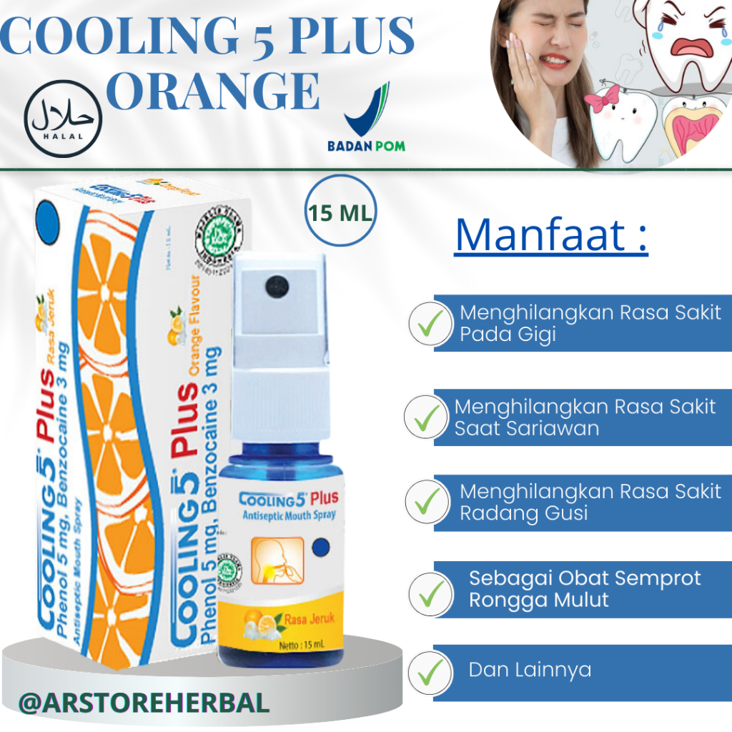 Spray Sakit Gigi & Sariawan Cooling 5 Plus Orange – Obat Sakit Gigi Ampuh & Obat Sariawan Mulut Terj