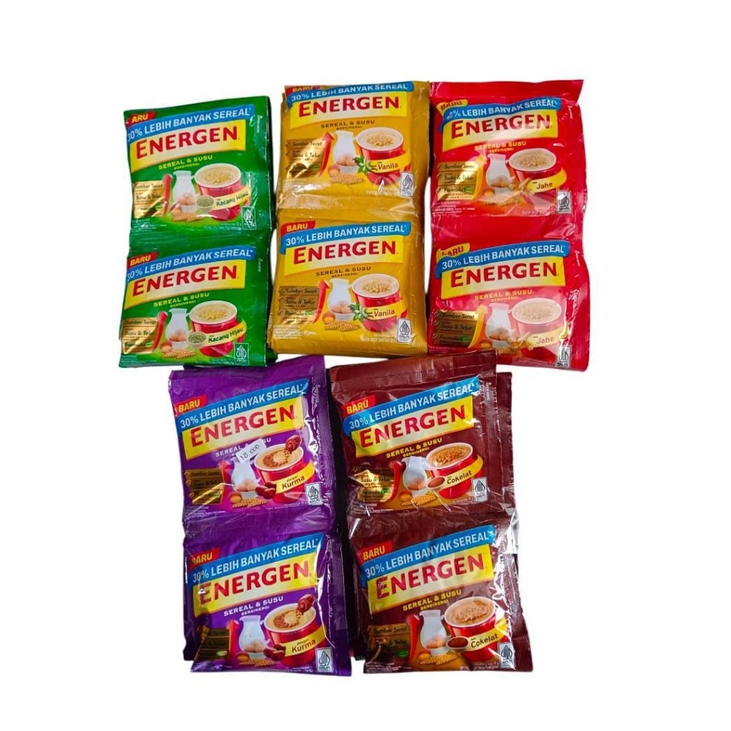 

Energen 30% lebih banyak sereal minuman serbuk sereal susu 1 renteng isi 10 bungkusRasa- cokelat @ 35gr- kurma @ 32gr- kacang hijau @ 32gr - vanila @ 34gr - jahe @ 32gr