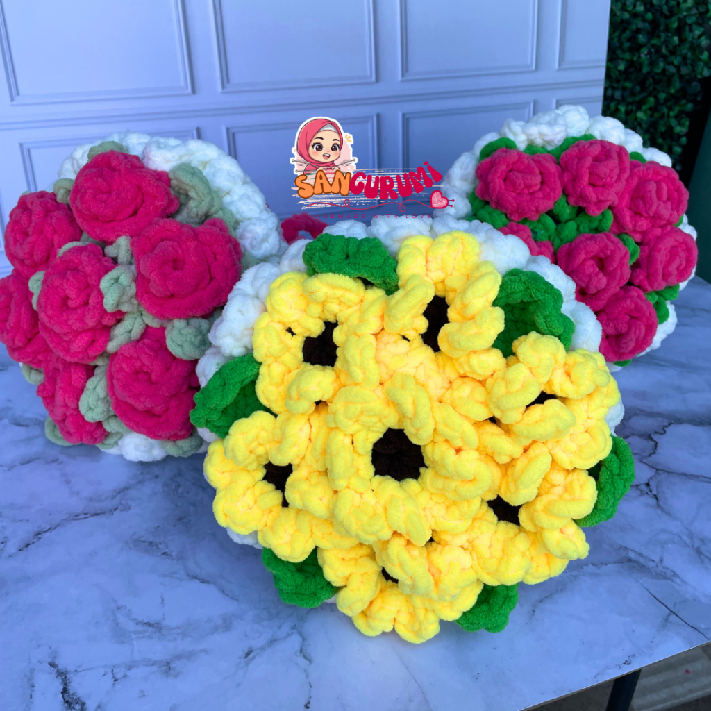 Aplikasi Rajut Aneka Bunga 3D Untuk Bouquet sunflower