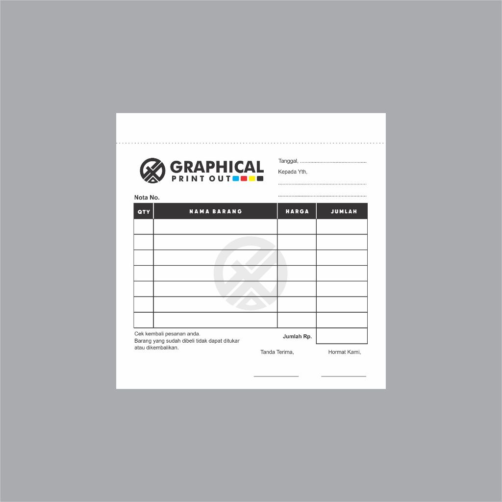

Cetak Satuan Nota/Bon/Kwitansi Custom 1Ply 2Ply 1Rangkap 2Rangkap Ukuran 1/6folio