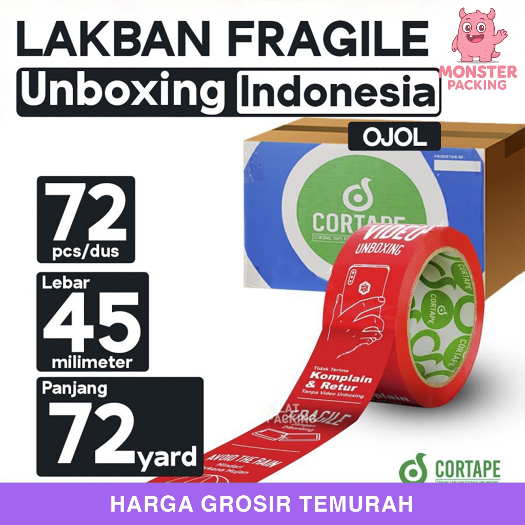 

Lakban Fragile Unboxing Indonesia - 45 mm x 72 yard Per Dus OJOL