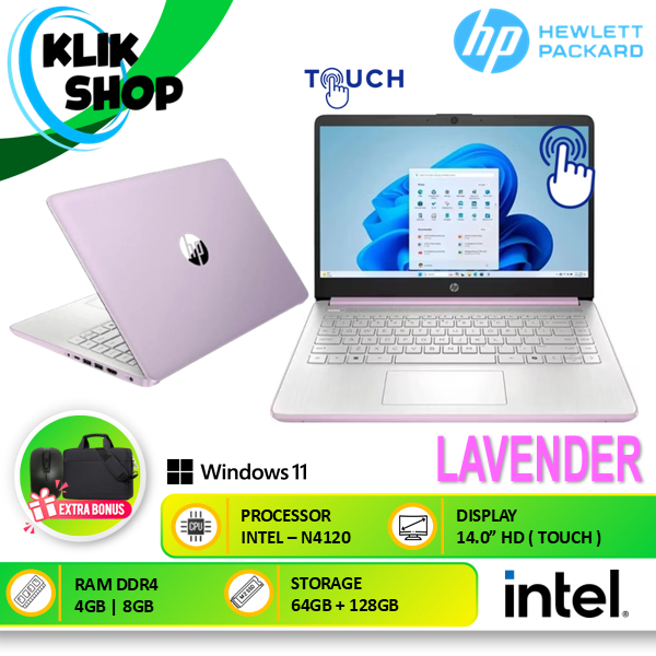 Laptop HP 14 Intel N4120 8GB 128GB Touchscreen Windows 11 Home Baru Lavender