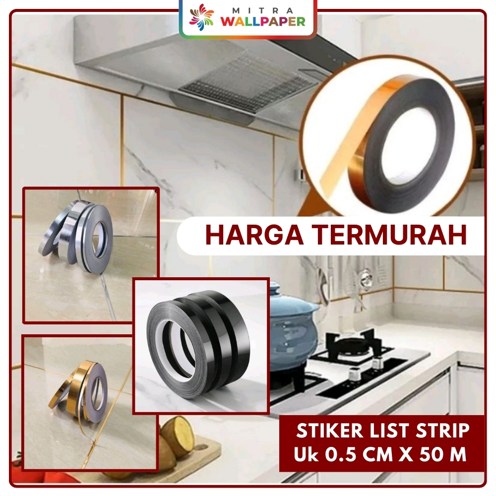 Stiker List Strip Dinding Stiker List Plat Dinding Keramik Gold Hitam Silver