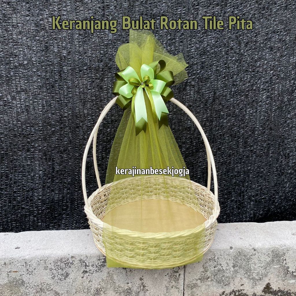 KERANJANG BULAT ROTAN TANGKAI HIAS TILE PITA | seserahan bingkisan seserahan lamaran bingkisan parse