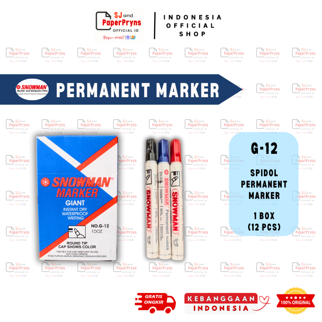 

Snowman G-12 Permanent Marker – Spidol Tahan Lama untuk Tulisan & Label (1 BOX ISI 12 PCS)