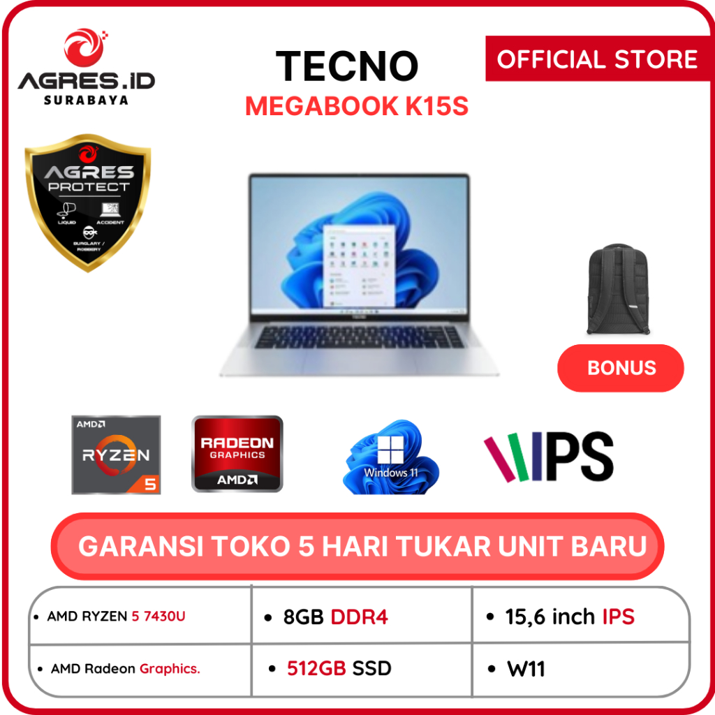 TECNO MEGABOOK K15S RYZEN 5 7430 8GB 512GB Windows11 15.6 FHD IPS SLV