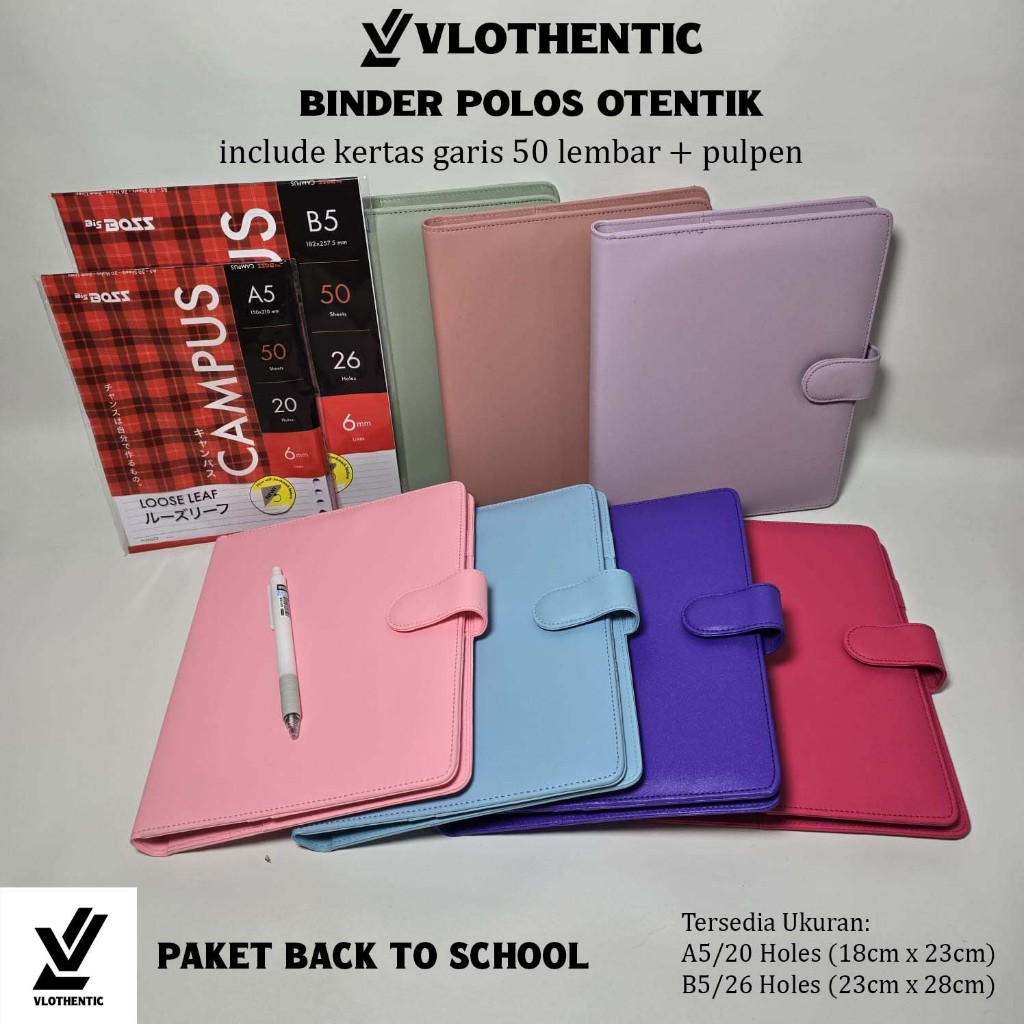

Binder Polos Otentik Kulit Sintetis Paket Back To School Include Kertas + Pulpen, A5/20 Holes & B5/26 Holes