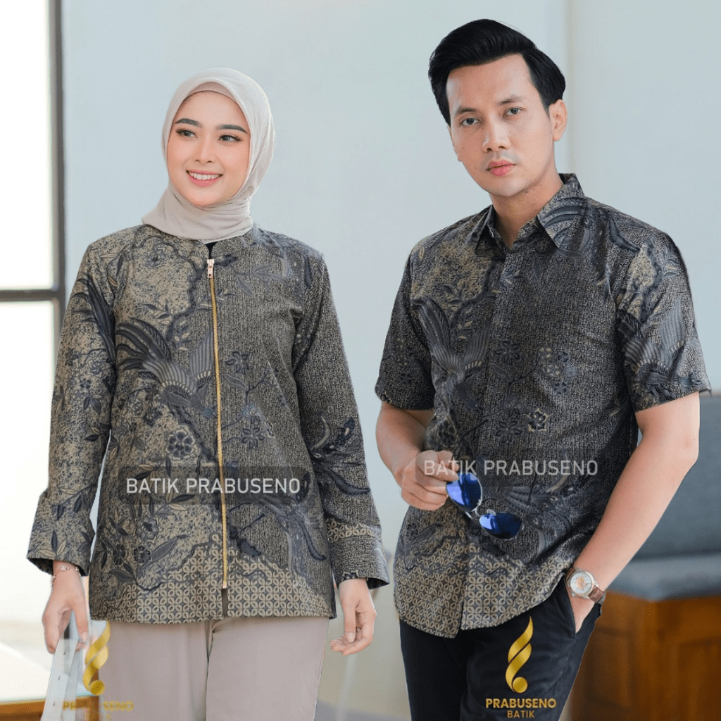 Prabuseno Batik Couple Motif REGHAN Pria Wanita Lengan Pendek Slimfit Original Full Furing Sarimbit