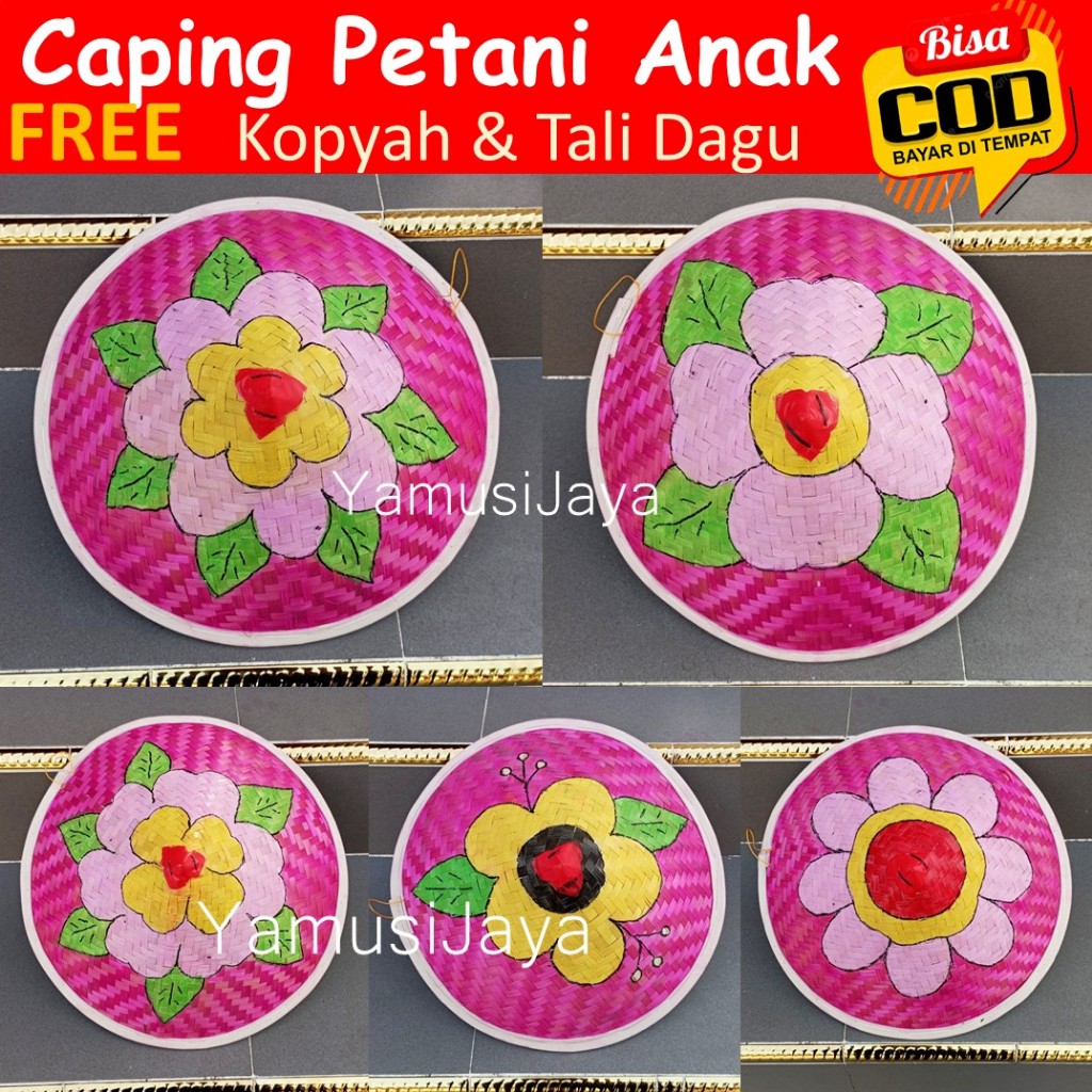 Caping Lukis Petani Anak / Tudung Topi Caping Petani Lukis Motif / Caping Bambu Hias Bunga