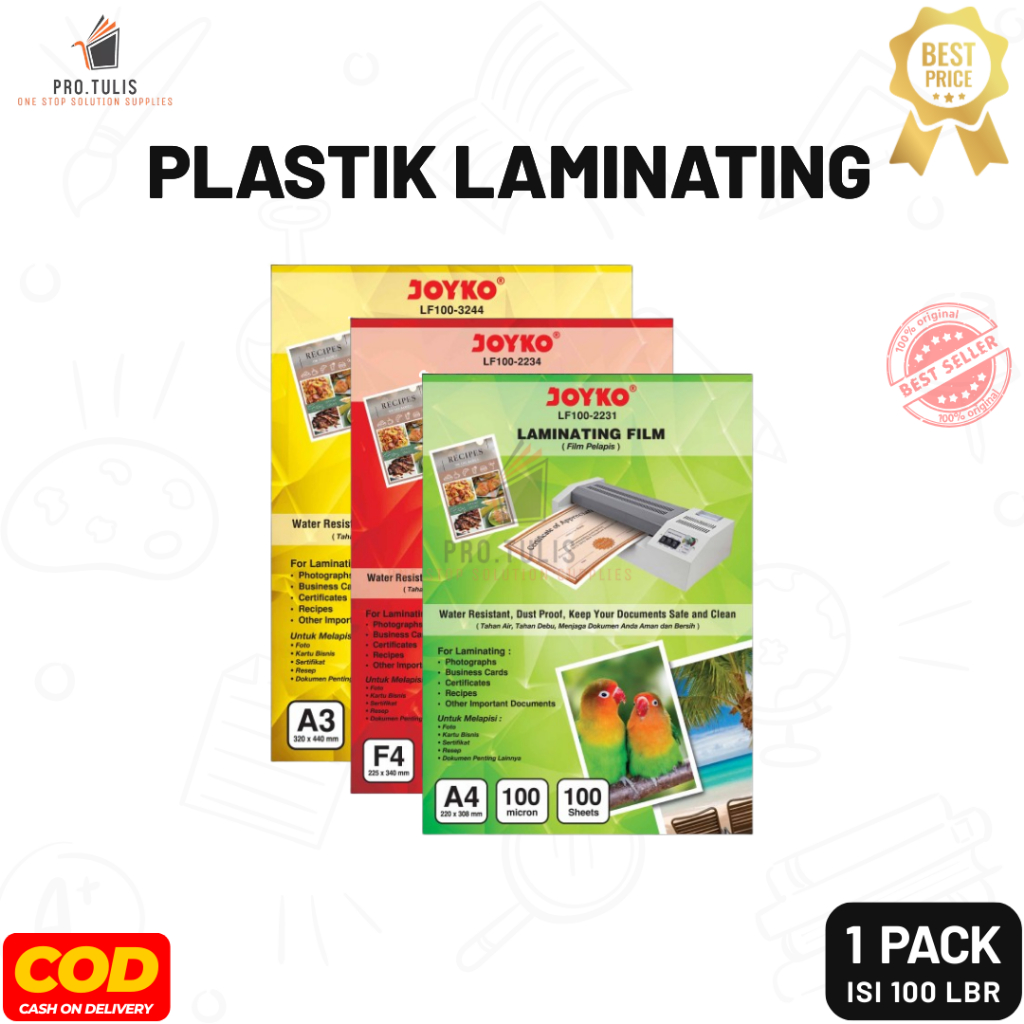 

(1 Pack) Plastik Laminating JOYKO A3 / A4 / F4 – 100 Micron Isi 100 Lembar Film Laminating Anti Air & Debu. ProTulis