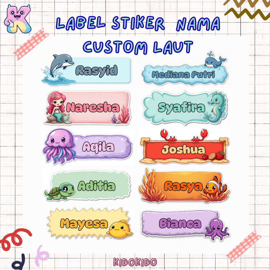 

Isi 68 pcs | Sticker Premium Lucu Karakter Dunia Bawah Laut Label Nama Custom Vinyl Laminasi Waterproof