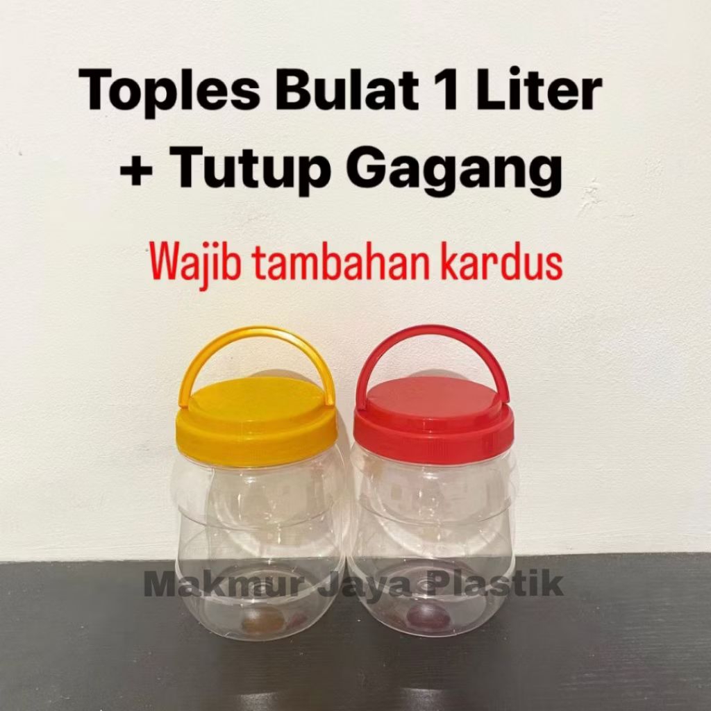 Toples Bulat 1 Liter Tutup Merah + Gagang/Toples Kerupuk Rengginang Jelly Jely Jelli Agar agar