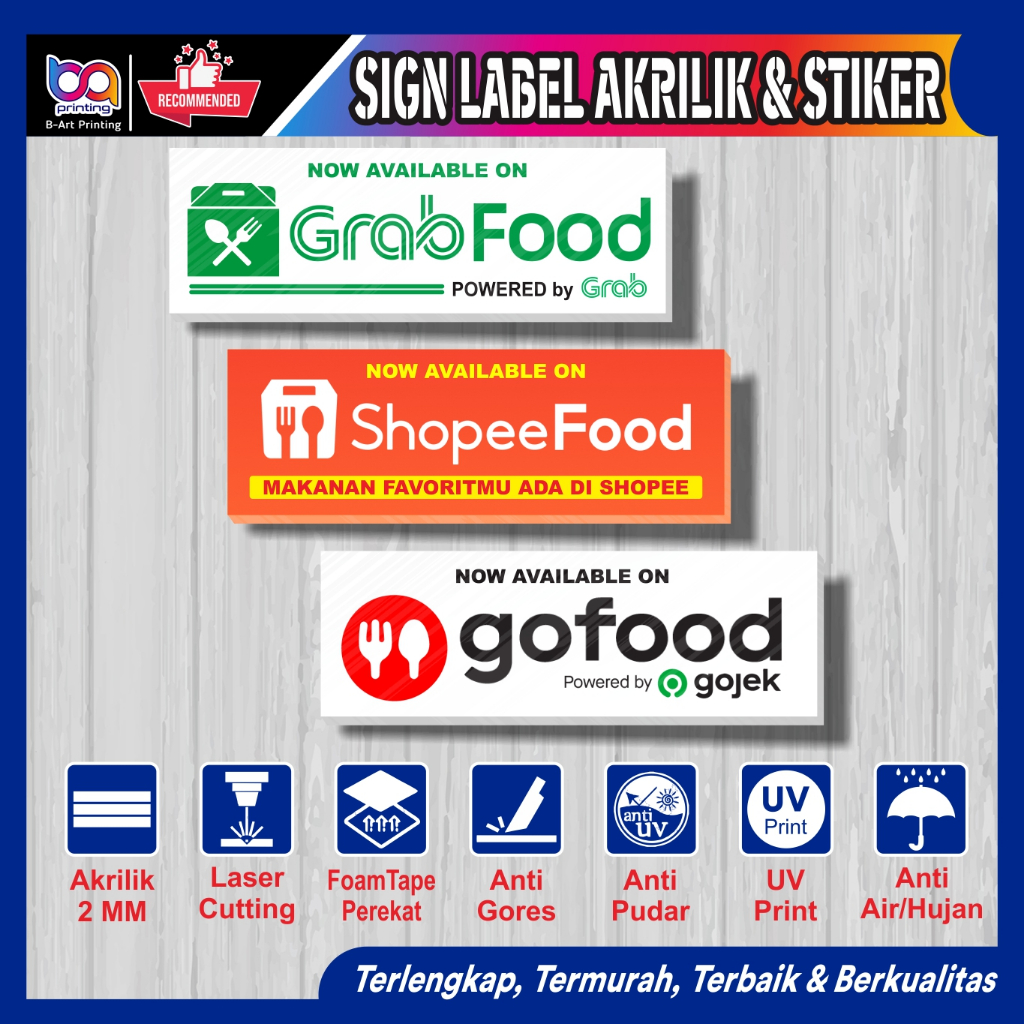 Papan Akrilik dan Stiker Go Food, Grab Food, Shopee Food (Melayani Desain Custom, free Desain)