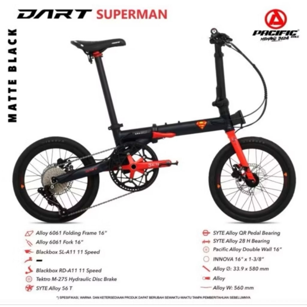 Sepeda Lipat Pacific Ukuran 16 Inch Full Alloy DART 5.0 Supermen Edition (11 Speed / Hydraulic Discb