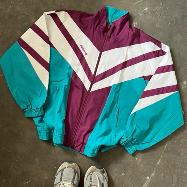 Vintage 80's Adidas Tracksuit Top Track Jacket Shell Jacket White Purple Green