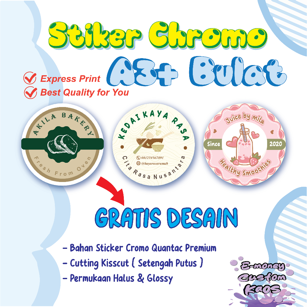 

Stiker Cromo A3+ Bulat Cetak Label Makanan Jualan Olshop Free Design Custom Chromo A3+ Print Sticker