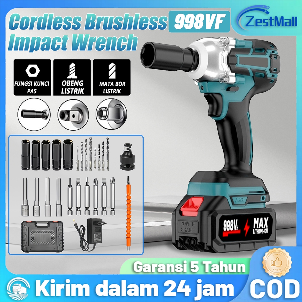 Brushless Impact Wrench Cordless 998VF 1300NM Brushless bor impact Bor Impact Untuk Baut Mobil Cordl