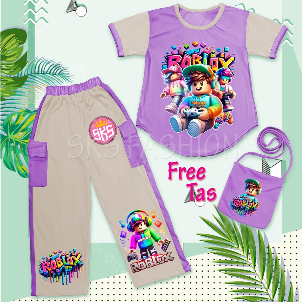 Setelan Cargo Kombinasi Free Tas Anak Perempuan Oneset Animasi ROBLOX Cargo Crop Top 1-13 Tahun