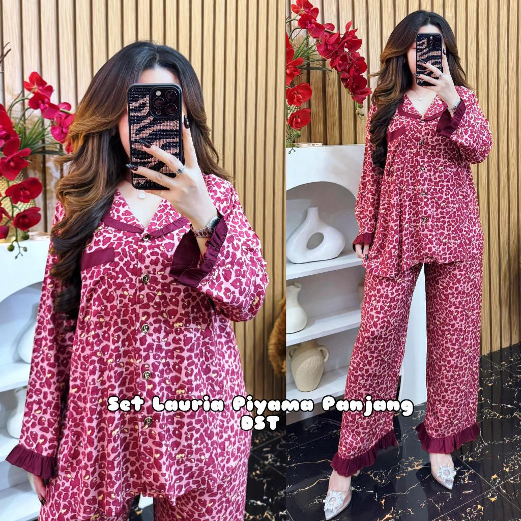 Set Lauria Piyama Tangan Panjang by DST/bahan rayon jumbo adem/setelan baju tidur kekinian