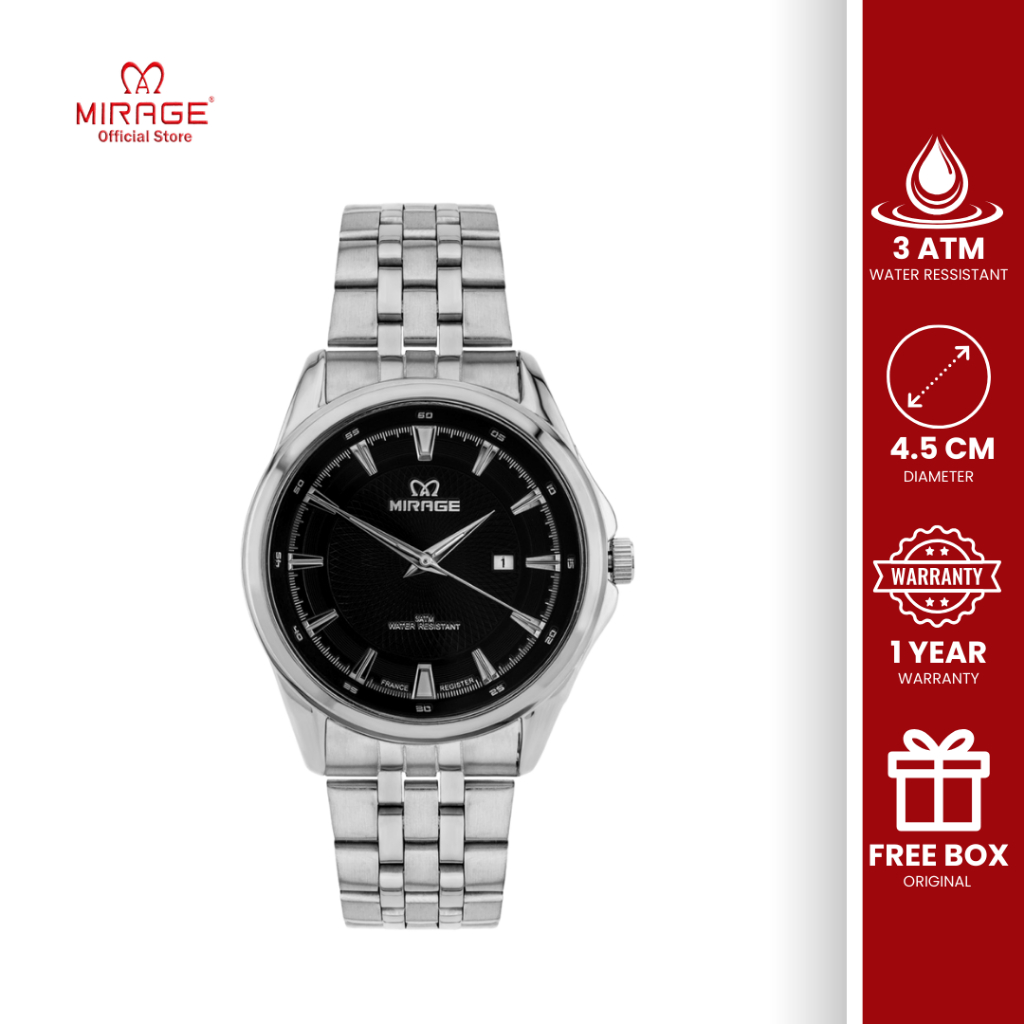 Mirage Jam Tangan Pria Analog Kasual Klasik Tanggal Aktif Silver Stainless Anti Air Garansi 8854 M