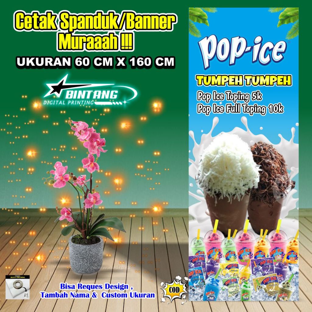 Spanduk Banner Pop Ice Toping Full Keju Ukuran 60 cm x 160 cm