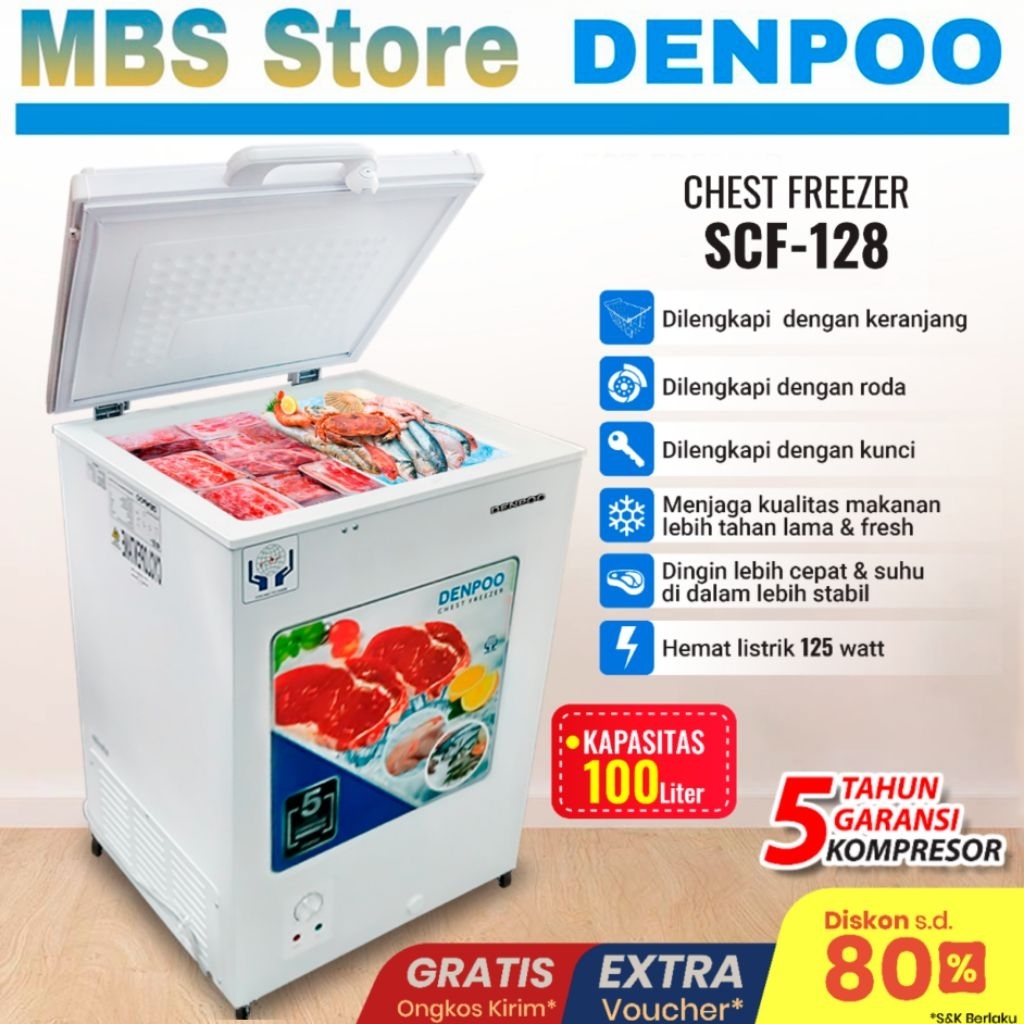 Chest Freezer Box 100 Liter Denpoo SCF 128 CG Food Frozen ( Tdk Bisa Buat Es Batu )