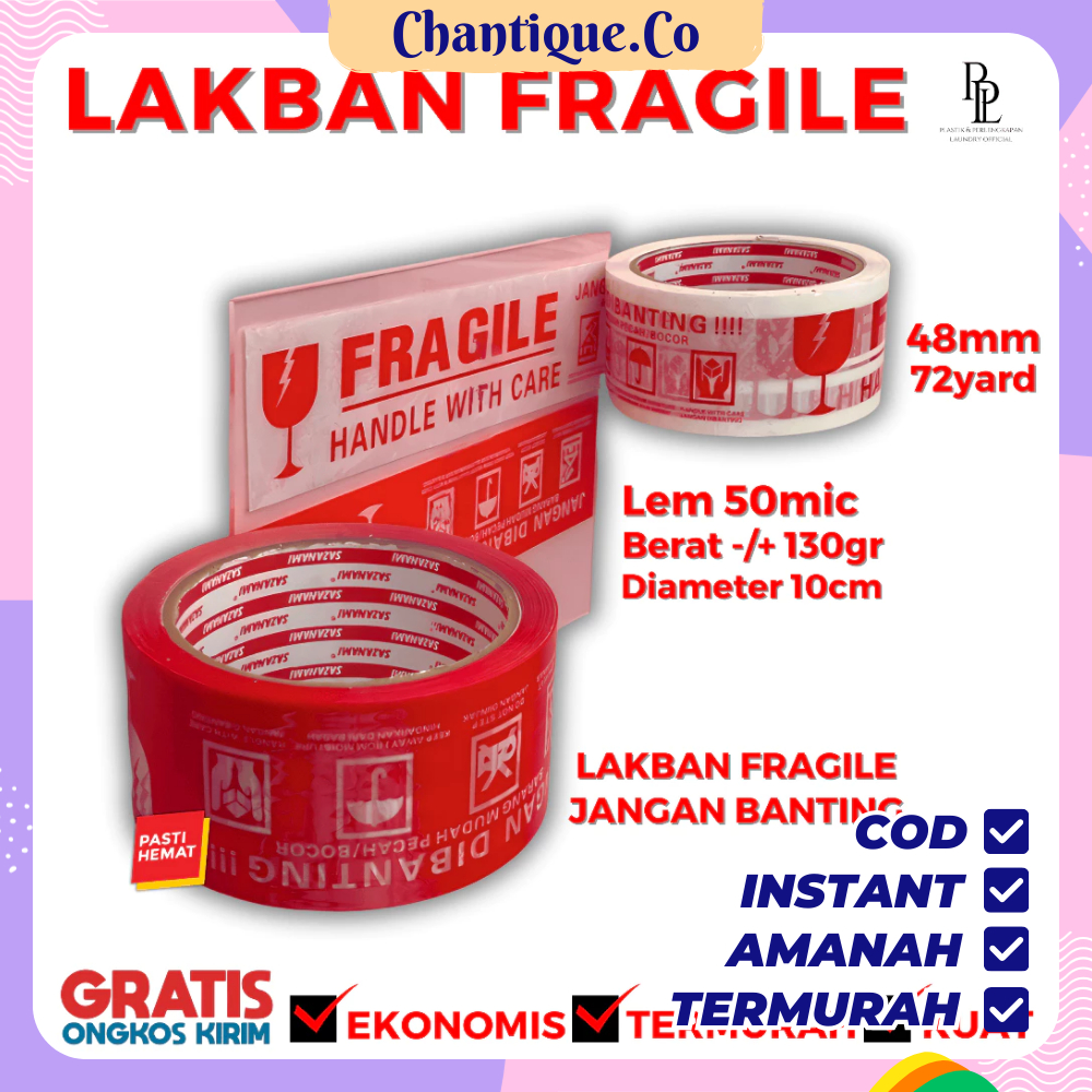 

Lakban FRAGILE Merah 48mm x 72yard | Isolasi Logo / Tanda Jangan Dibanting Lem Kuat Murah Isolasi