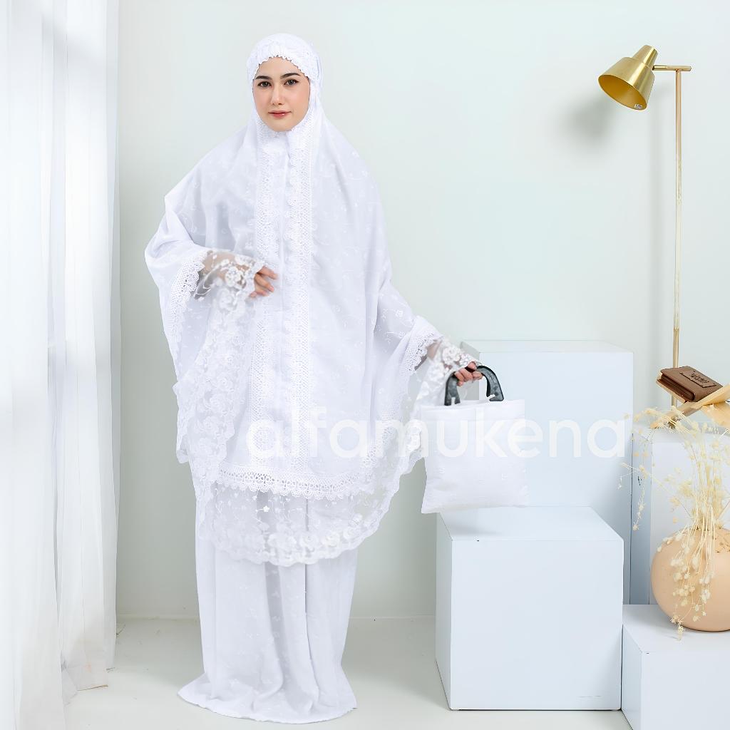 Mukena dewasa putih paris motif renda mewah jumbo