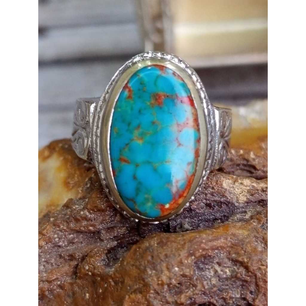 Natural Pirus Persia Biru Urat Merah BodyGlass Ring Alpaka Ukir