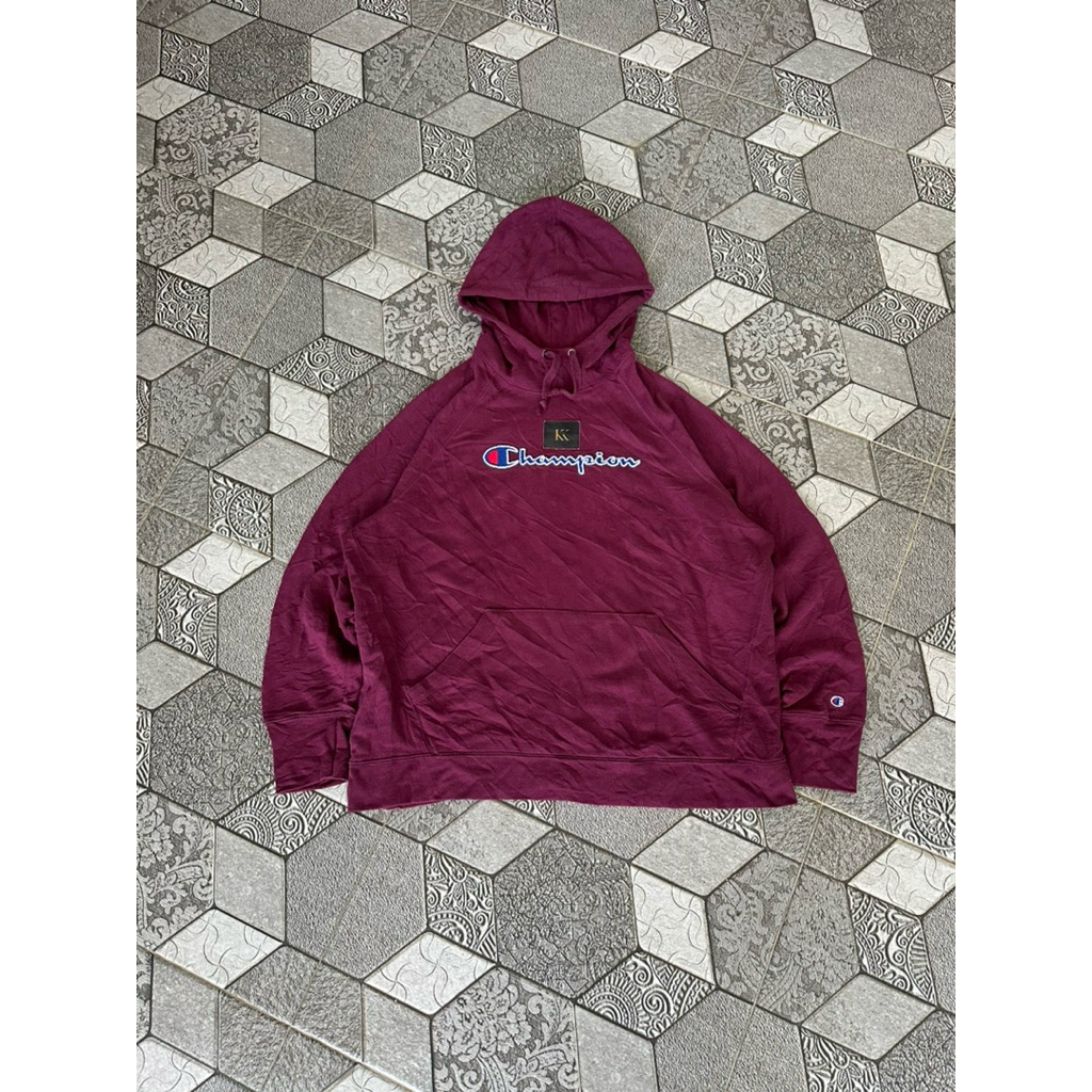 Champion Pullover Blue Script Logo Red Hoodie
