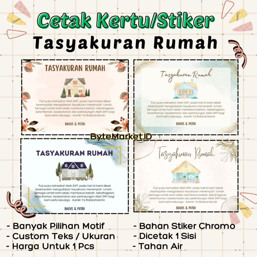

Cetak Kertu/Stiker Tasyakuran Rumah, Custom Stiker atau Kartu Tasyakuran Pindahan Rumah