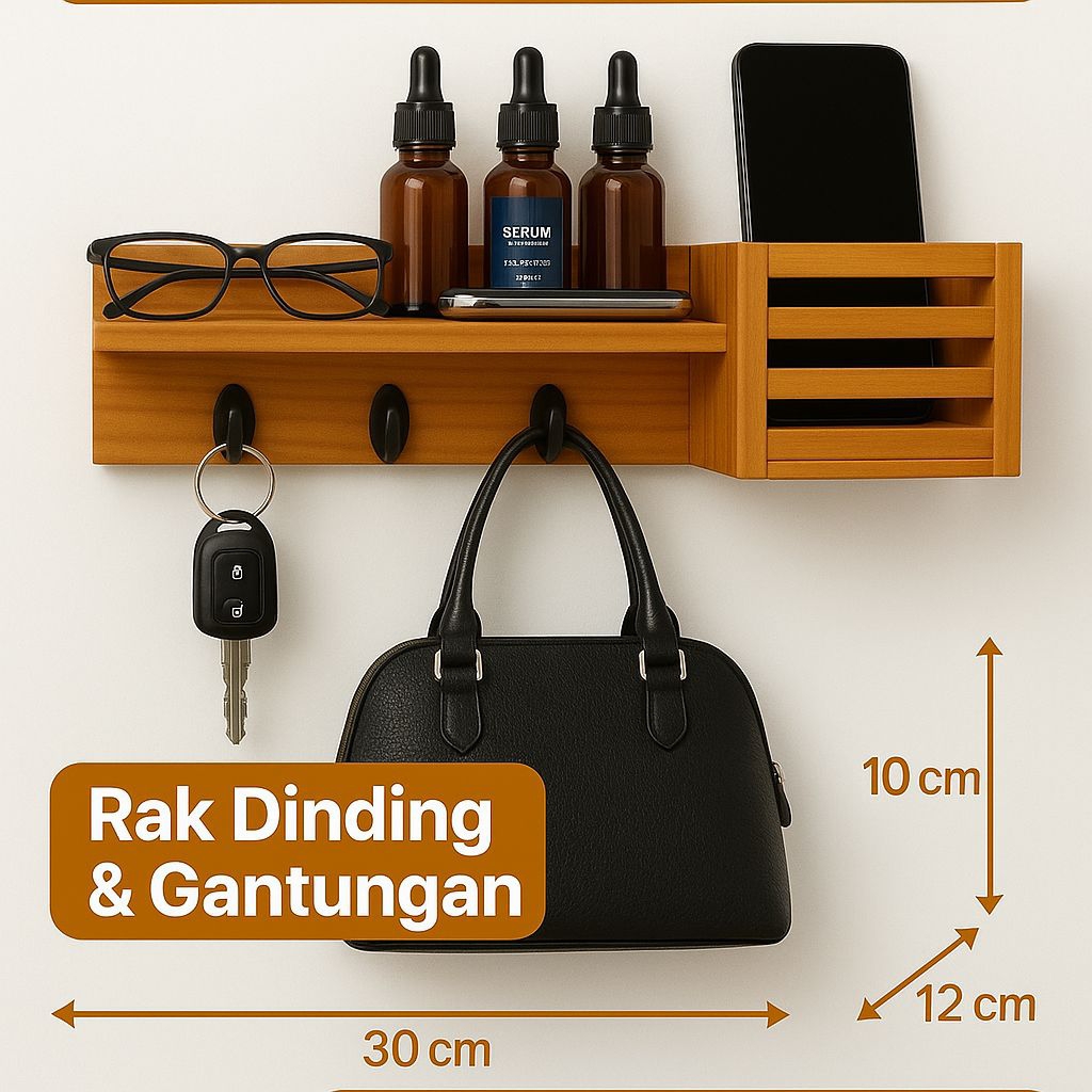 Kapstok Rak Dinding Minimalis Kayu Jati Belanda – Gantungan Kunci, Tas, Topi, HP, Baju Rak Serbaguna