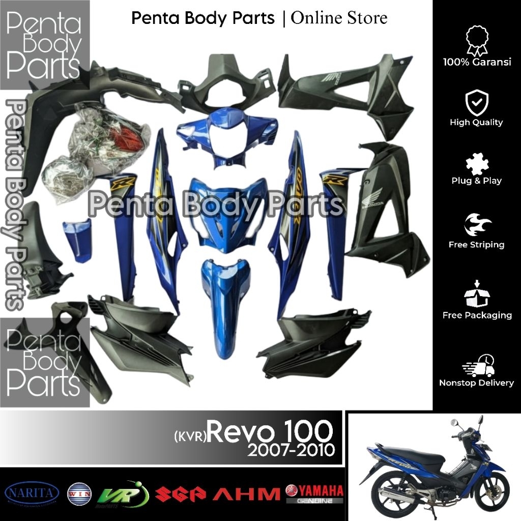 Full Cover Body Biru Revo 100 (KVR) - Ful Set Bodi Plus Lampu Honda Revo Lama / Lancip Putih Hitam 2