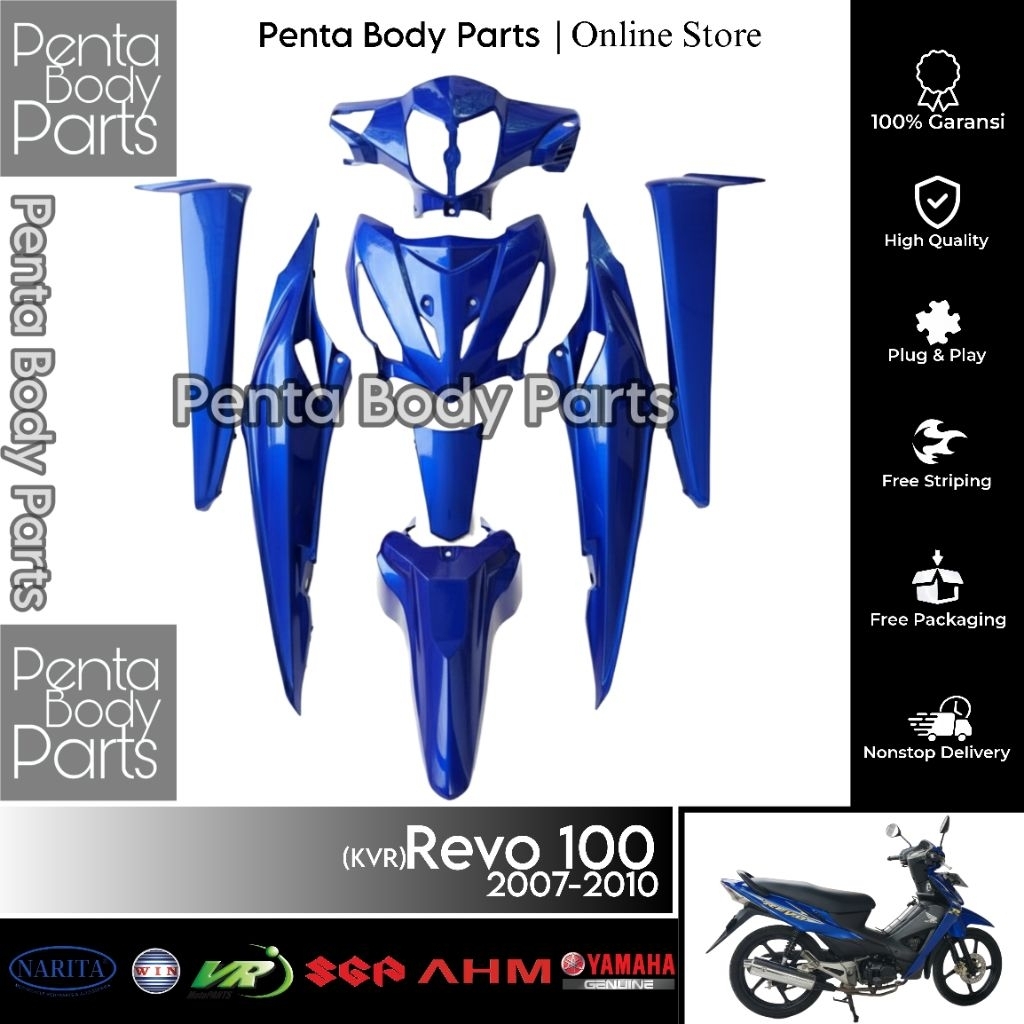 Full Set Cover Body Halus Biru Revo 100 (KVR) - Ful Bodi Kasar, Lampu, Baut Honda Revo Lama / Lancip