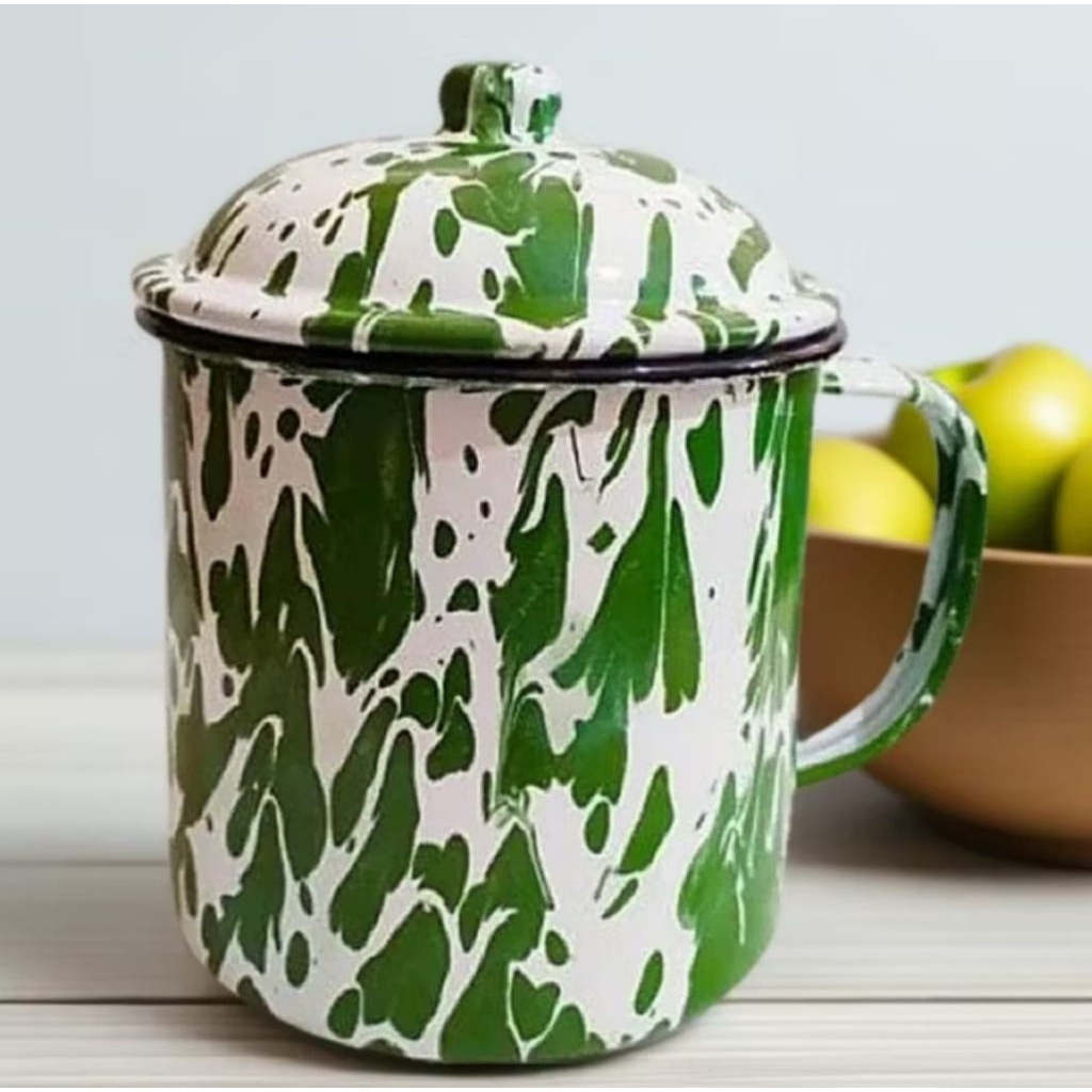 MUG ENAMEL + TUTUP MOTIF LURIK 10 CM / GELAS JADUL LURIK