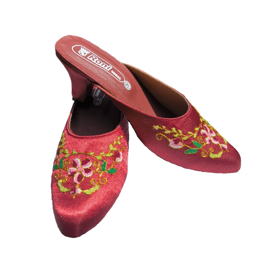 Abah Craft Creative - Sandal Wanita Heels Tumit Tinggi 5 Cm Sulam Peniti Benang Mas Khas Minang