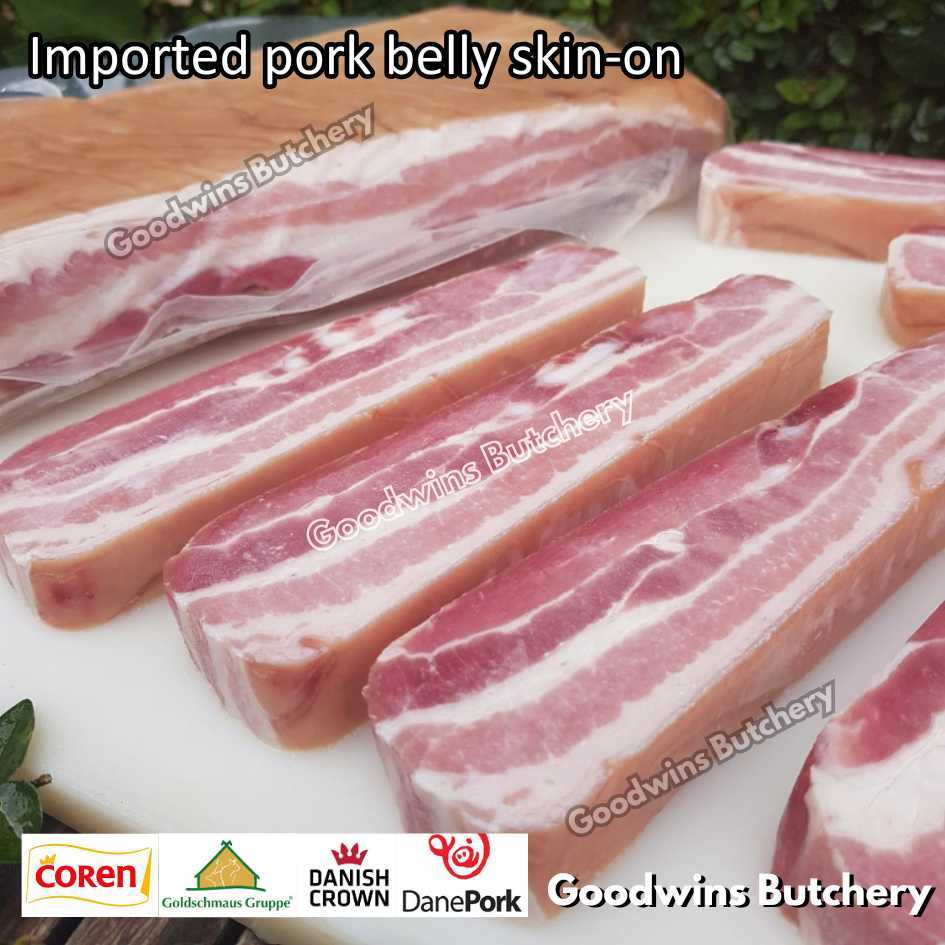 

Pork belly skin-on 600gr steak schnitzel cuts samcan babi berkulit import frozen | Spain Coren | Denmark DanishCrown DanePork | Germany Goldschmaus