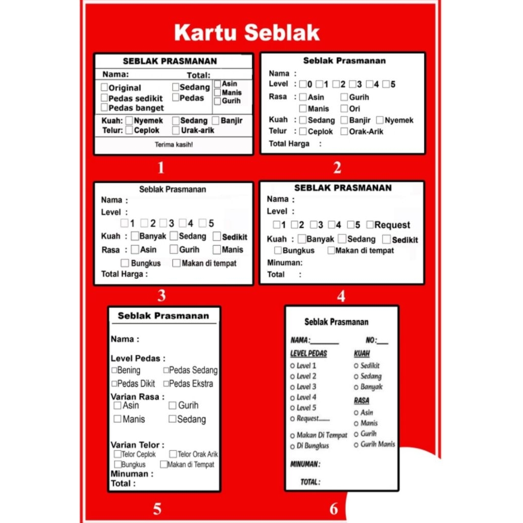 Kartu Seblak || Kartu Pilihan Seblak || Menu Seblak Isi 200 Bisa Request