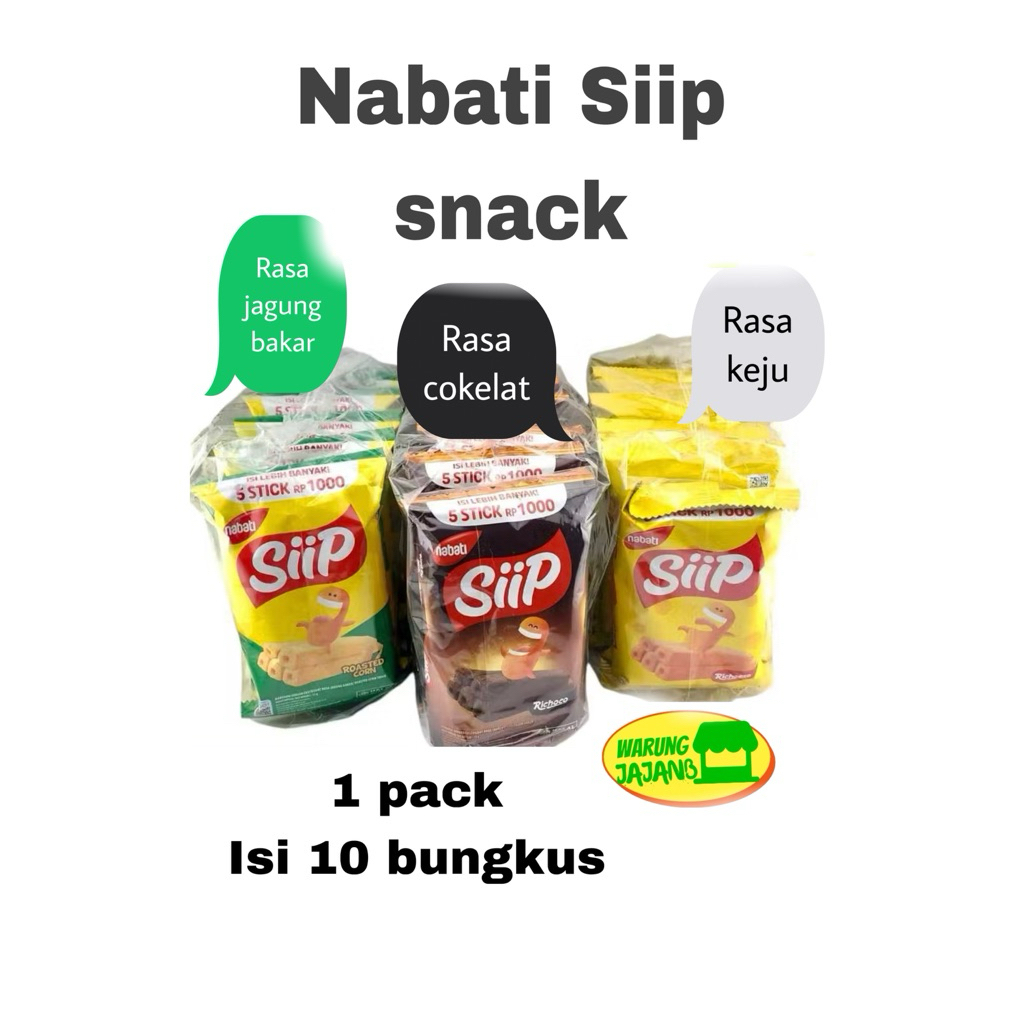 

NABATI Siip RENCENG 1 pack isi 10 bungkus x 12gr Varian Rasa Jagung bakar Cokelat Keju Snack Cemilan