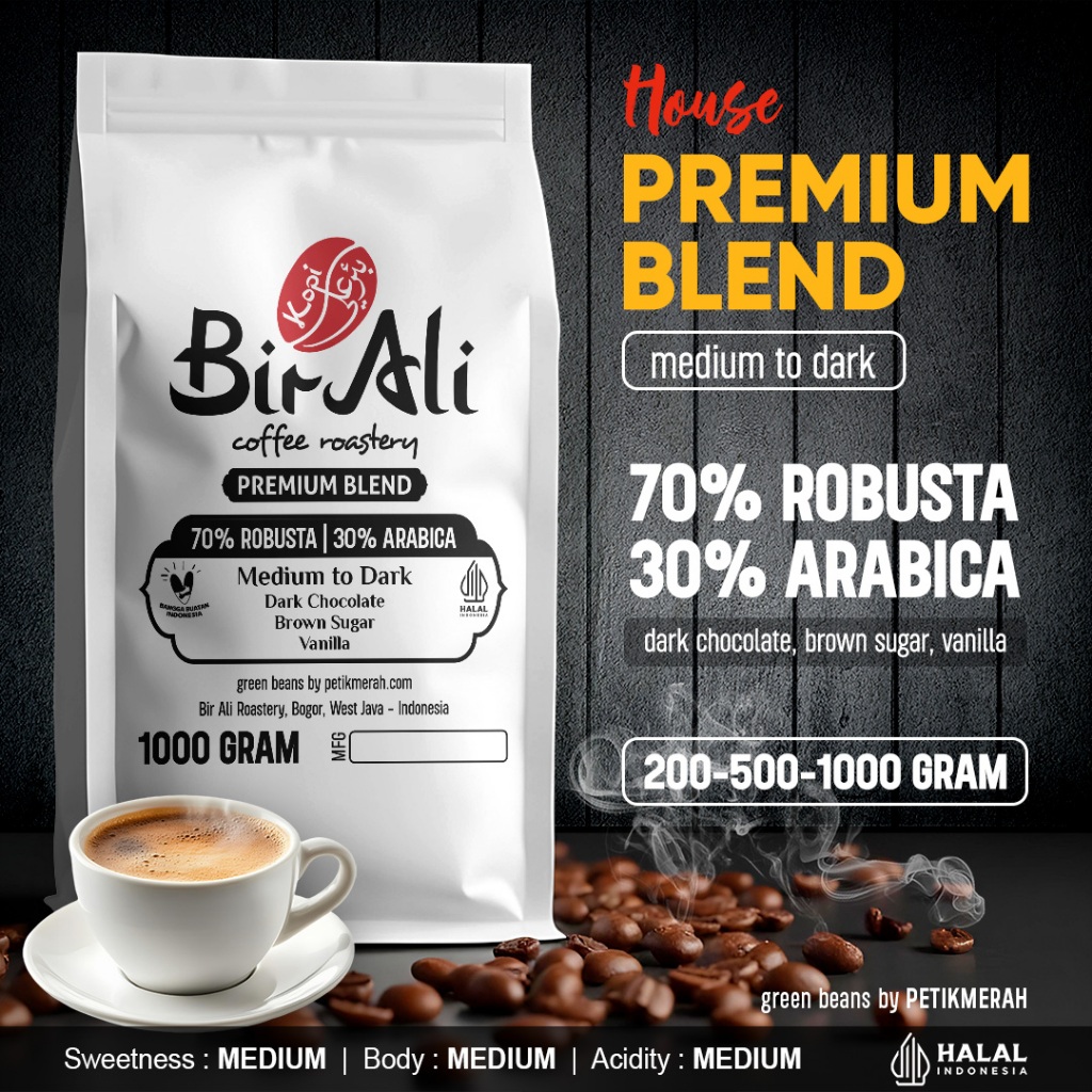 

PREMIUM HOUSE BLEND 70% Robusta 30% Arabika Espresso Signature Roastery Biji Kopi Bubuk Petik Merah