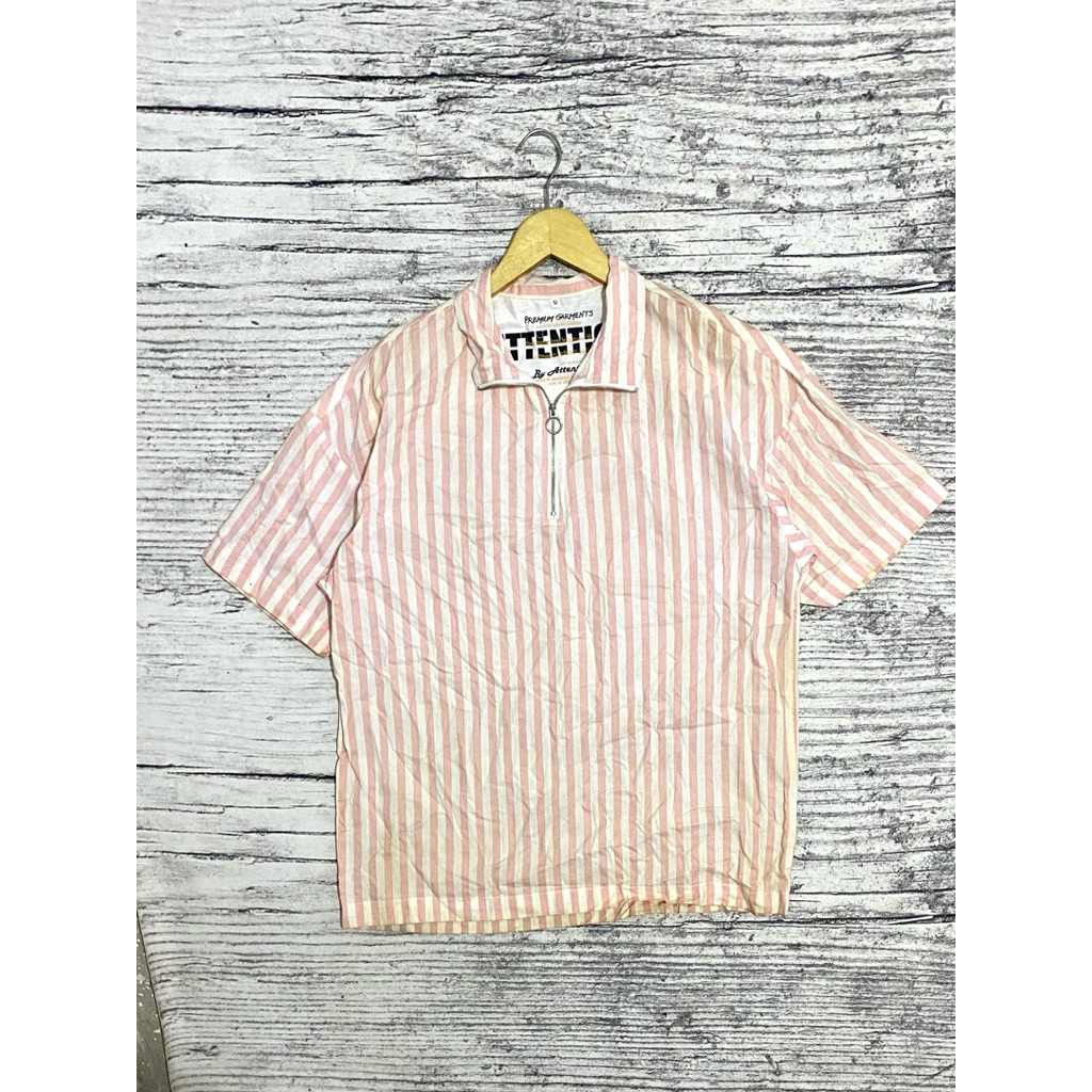 Blouse blus atasan wanita cewek perempuan halfziper half zipper lengan pendek salur garis pink putih